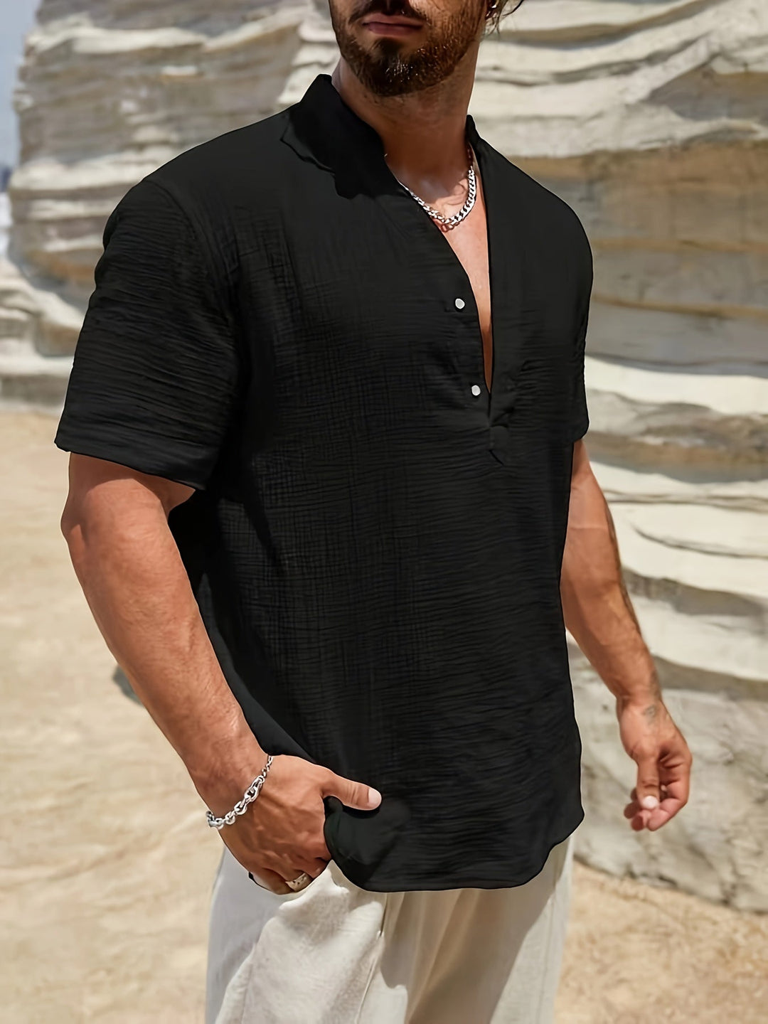 Levoire | Chemise Henley En Coton Pour Hommes À Manches Courtes Noir