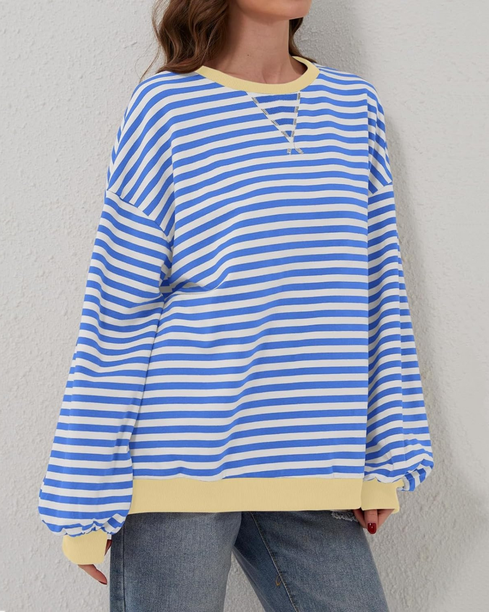 Levoire | T-shirt à col rond rayé à manches longues grande taille
