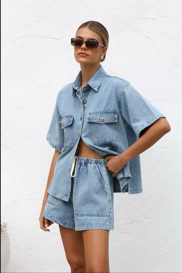 Levoire | Ensemble En Jean Décontracté Avec Chemise Surdimensionnée & Shorts