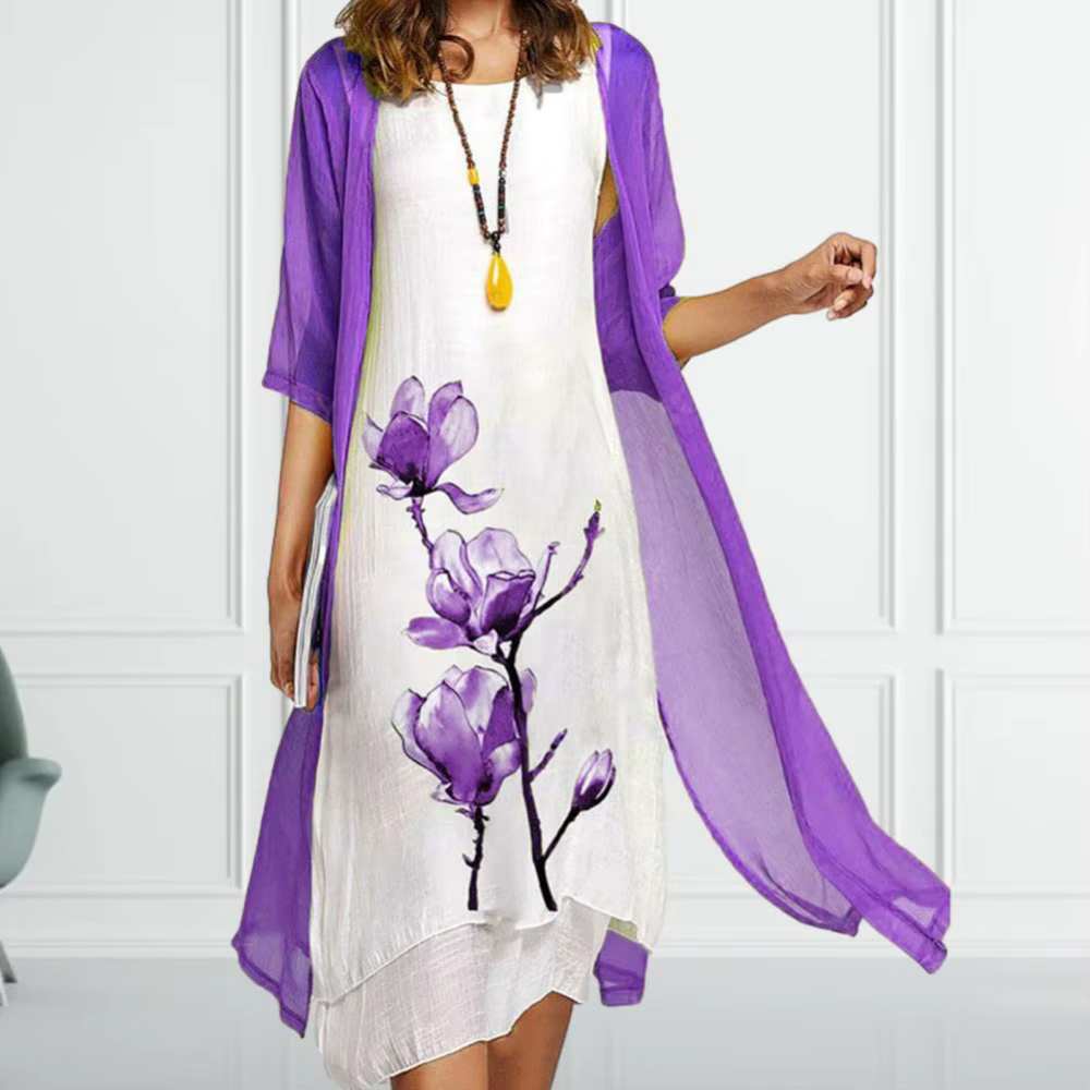 Levoire | Robe légère avec imprimé floral et kimono transparent Lilas