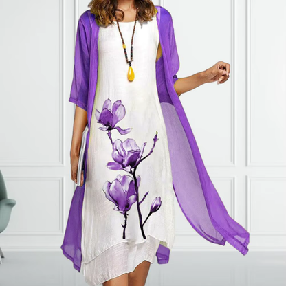Levoire | Robe légère avec imprimé floral et kimono transparent Lilas