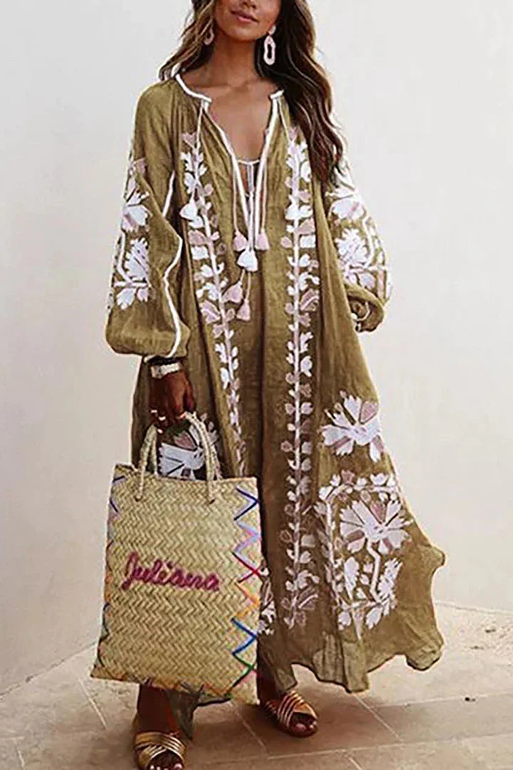 Levoire | Robe longue surdimensionnée à manches longues et décontractée, style bohème, imprimé floral, vacances Kaki