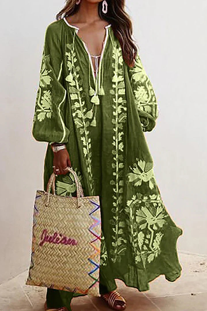 Levoire | Robe longue surdimensionnée à manches longues et décontractée, style bohème, imprimé floral, vacances Vert