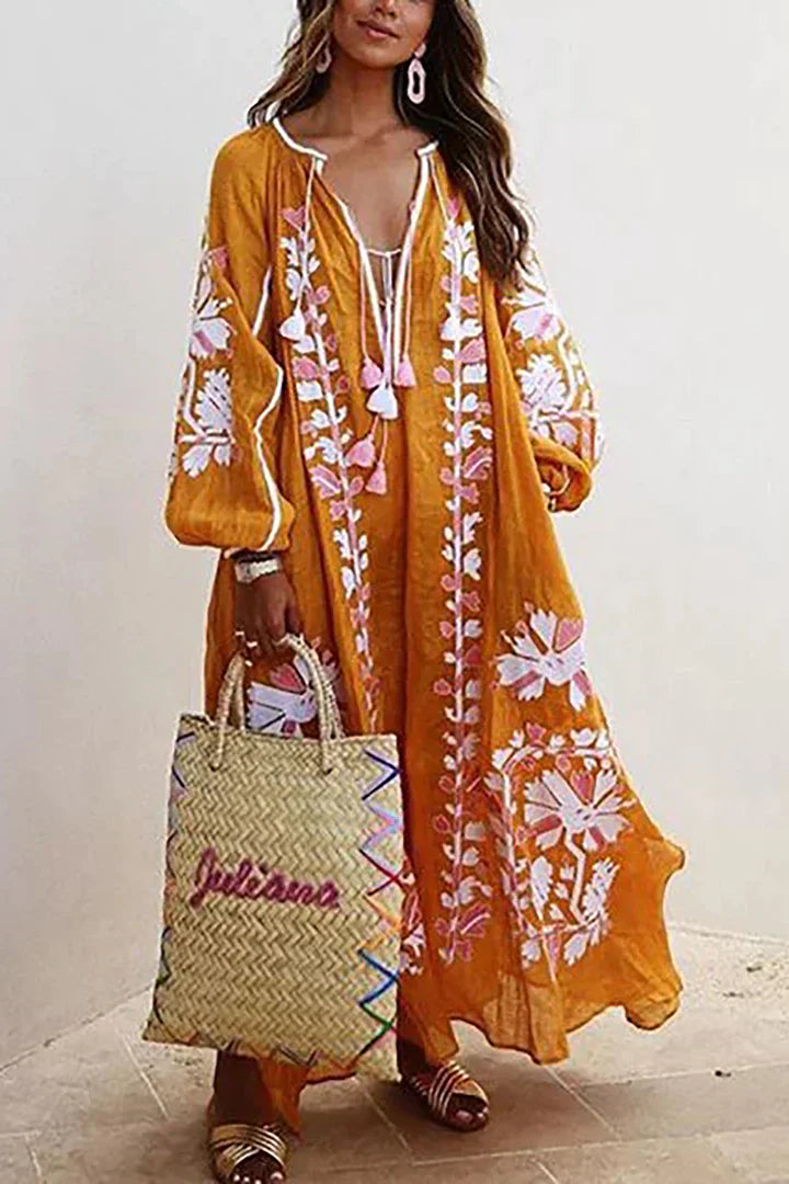 Levoire | Robe longue surdimensionnée à manches longues et décontractée, style bohème, imprimé floral, vacances Orange