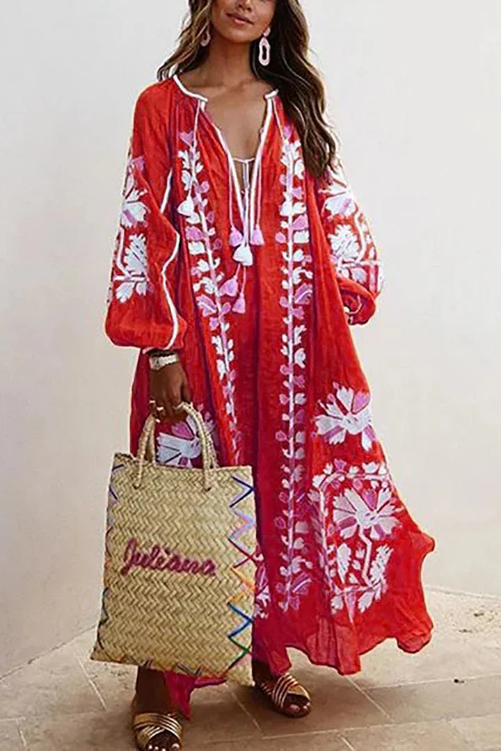 Levoire | Robe longue surdimensionnée à manches longues et décontractée, style bohème, imprimé floral, vacances Rouge