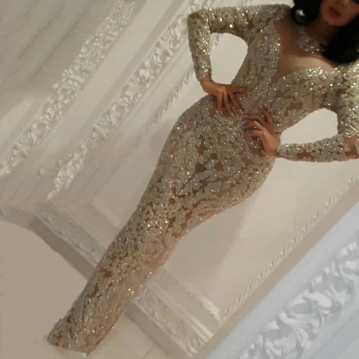 Levoire | Magnifique Robe de Soirée à Manches Longues Slim Fit Or