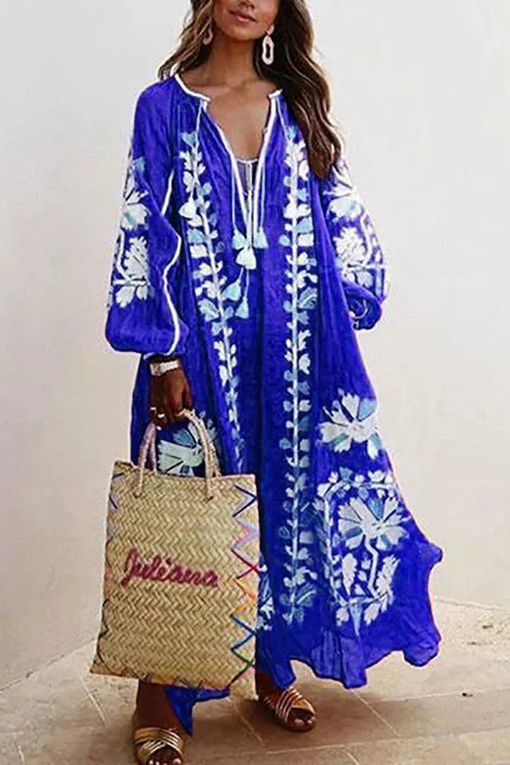 Levoire | Robe longue surdimensionnée à manches longues et décontractée, style bohème, imprimé floral, vacances Bleu