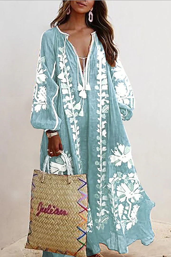 Levoire | Robe longue surdimensionnée à manches longues et décontractée, style bohème, imprimé floral, vacances Bleu clair