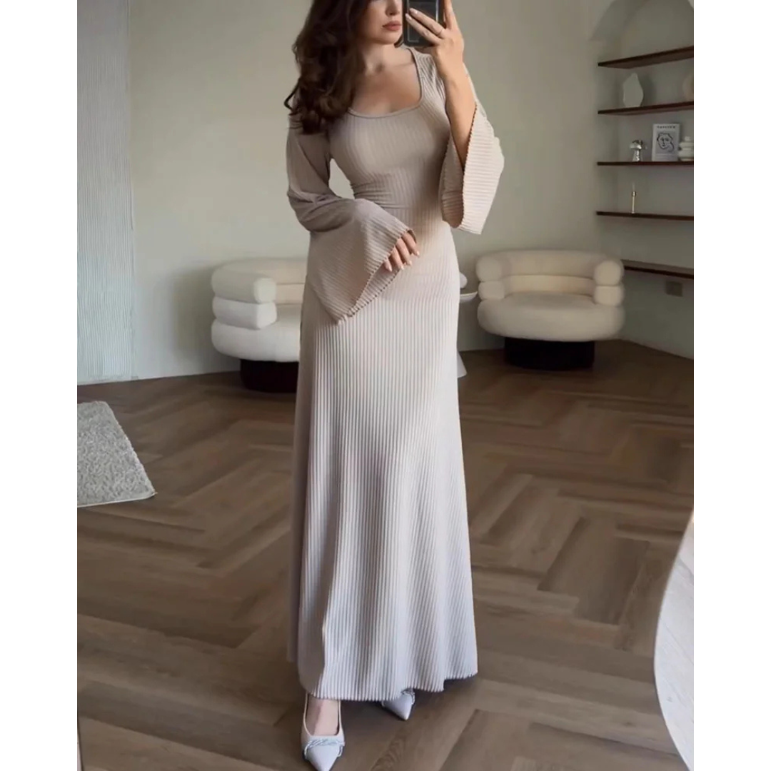 Levoire | Robe D'Invitée De Mariage Pour Femme À Manches Longues Et À Côtes - Maxi Beige