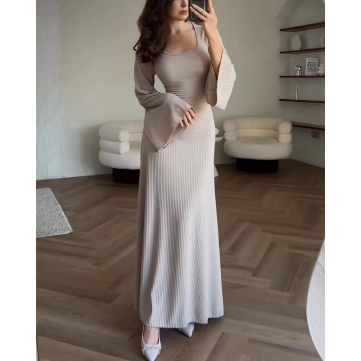 Levoire | Robe D'Invitée De Mariage Pour Femme À Manches Longues Et À Côtes - Maxi Beige
