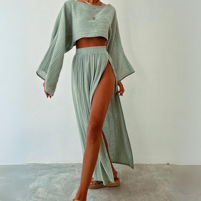 Levoire | Haut Court Col Rond Taille Haute Jupe Ensemble Ensemble Deux Pièces Vert