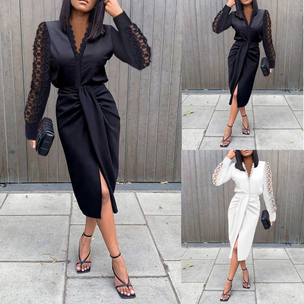 Levoire | Robe portefeuille noire avec des détails en dentelle élégants