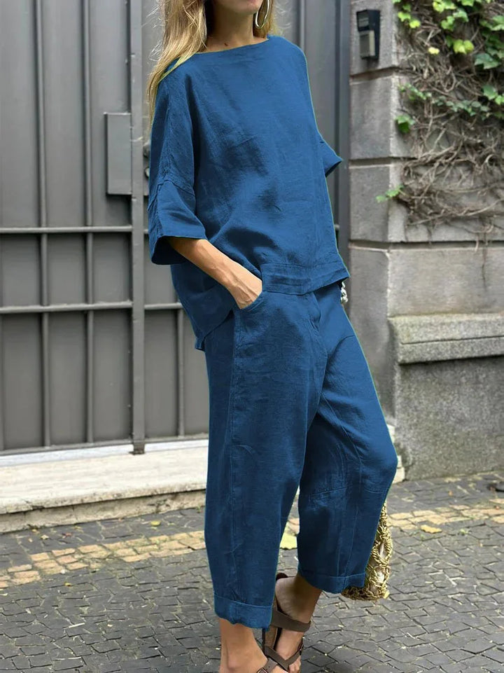 Levoire | Décontracté Haut Rond Uni & Pantalon Bleu marine