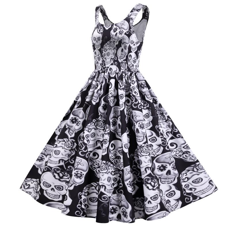 Robe A-Ligne Rétro pour Femme avec Design de Crâne et Jupe Volumineuse Levoire