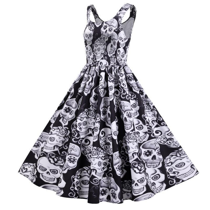 Robe A-Ligne Rétro pour Femme avec Design de Crâne et Jupe Volumineuse Levoire