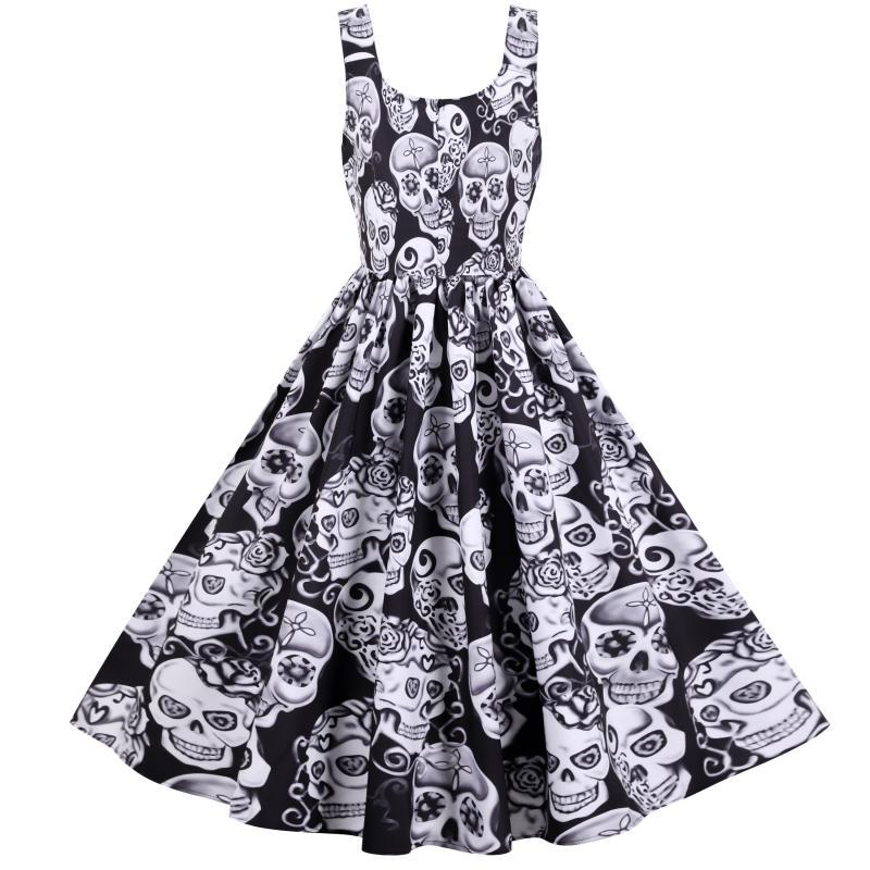 Robe A-Ligne Rétro pour Femme avec Design de Crâne et Jupe Volumineuse Levoire