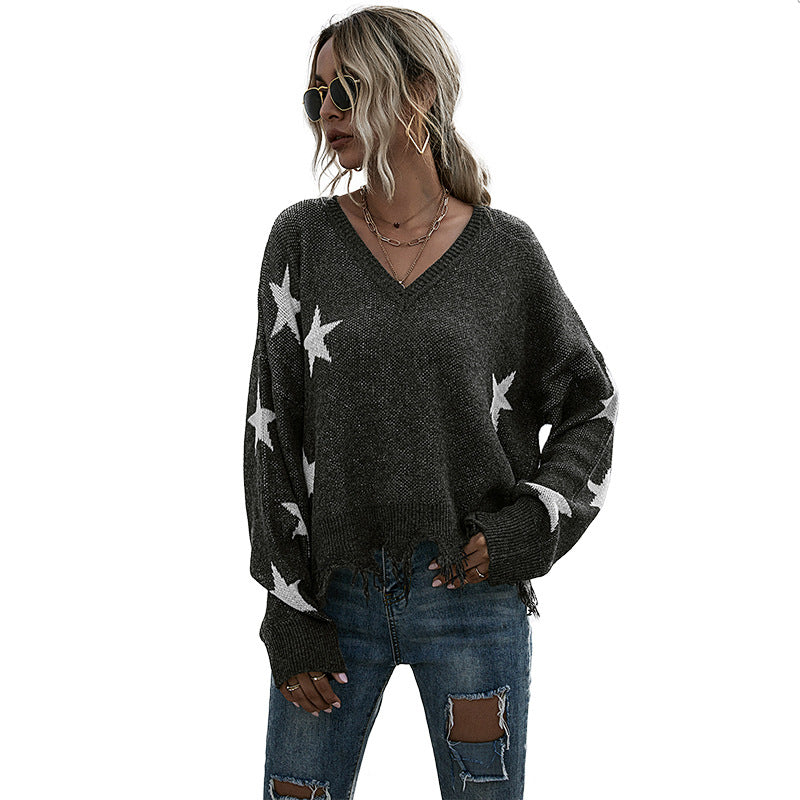 Sweater oversize pour femmes avec motif étoilé et décolleté en V profond Levoire