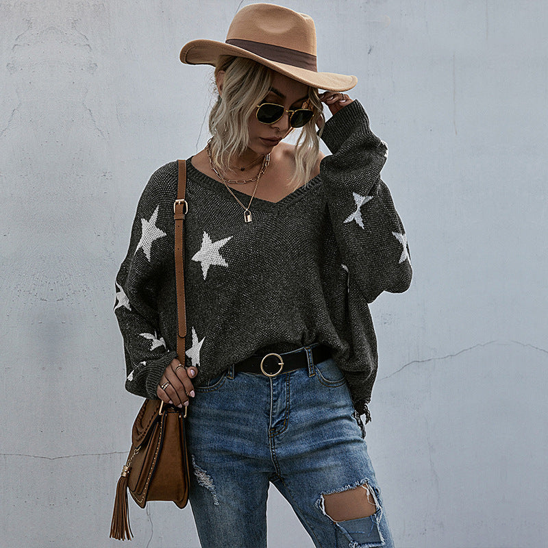 Sweater oversize pour femmes avec motif étoilé et décolleté en V profond Levoire