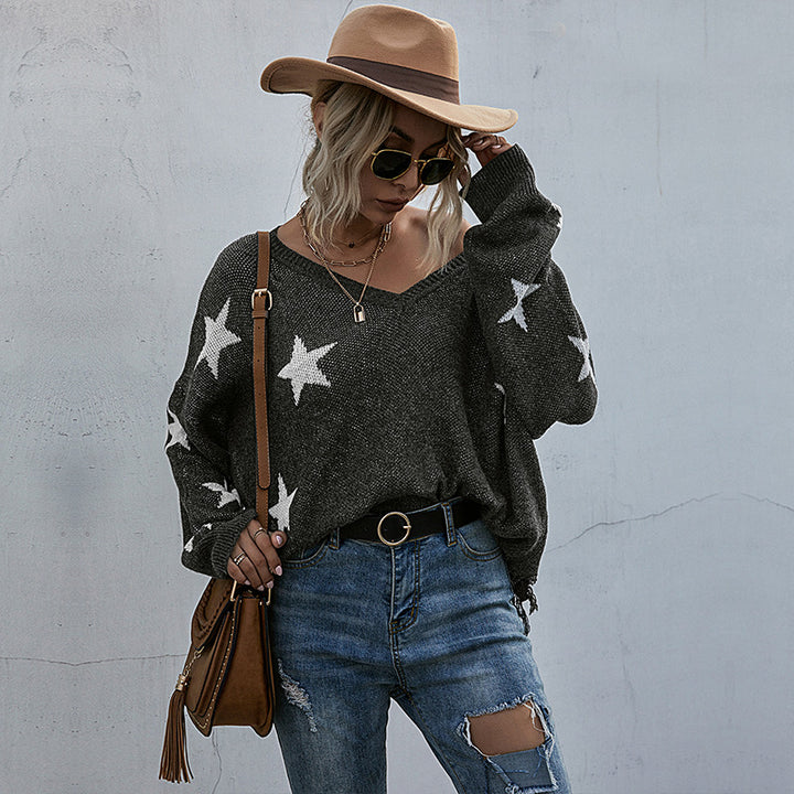 Sweater oversize pour femmes avec motif étoilé et décolleté en V profond Levoire