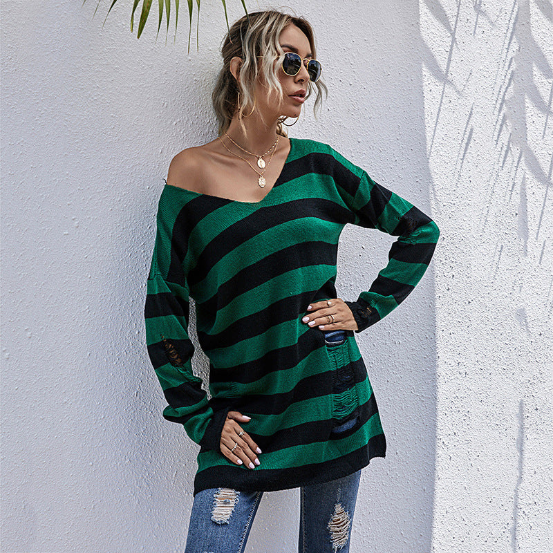 Pull en tricot surdimensionné pour femmes avec décolleté en V profond et motif à rayures tendance Levoire