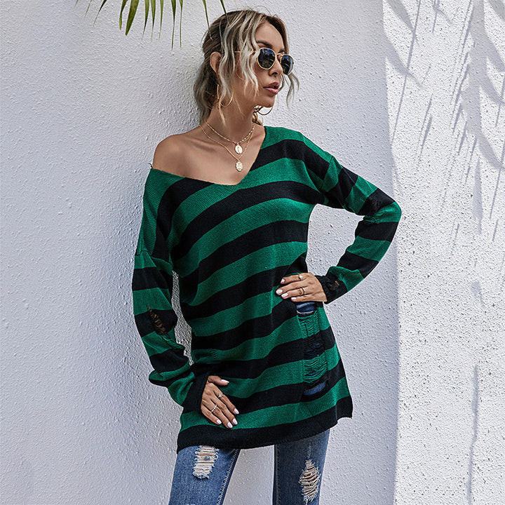 Pull en tricot surdimensionné pour femmes avec décolleté en V profond et motif à rayures tendance Levoire