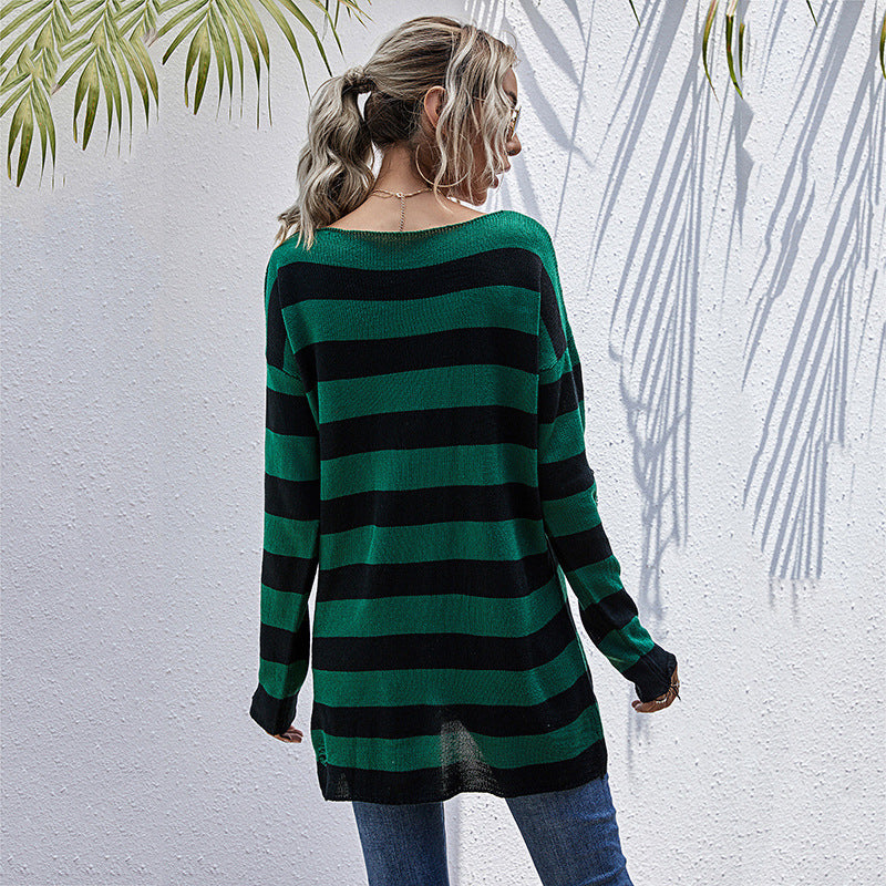 Pull en tricot surdimensionné pour femmes avec décolleté en V profond et motif à rayures tendance Levoire