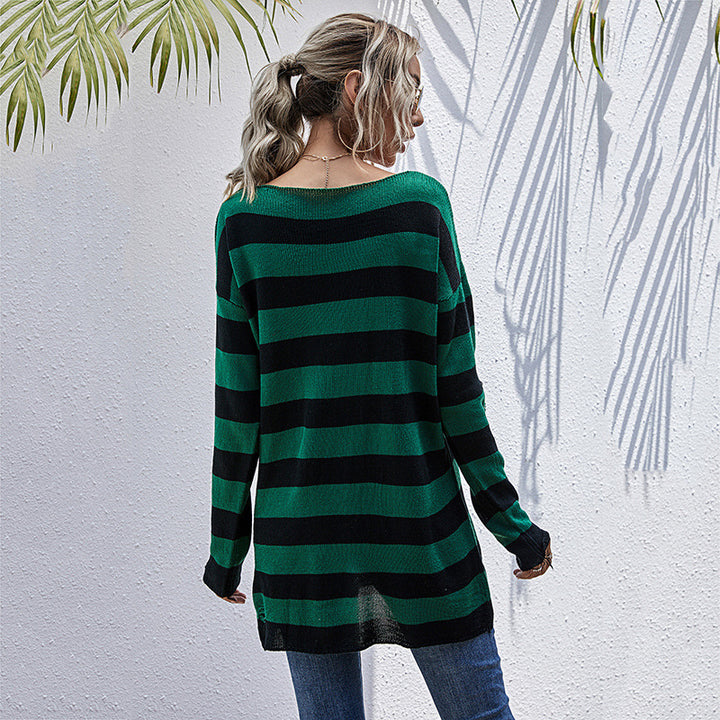 Pull en tricot surdimensionné pour femmes avec décolleté en V profond et motif à rayures tendance Levoire