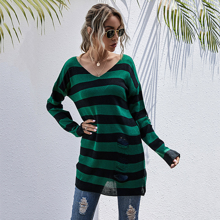 Pull en tricot surdimensionné pour femmes avec décolleté en V profond et motif à rayures tendance Levoire