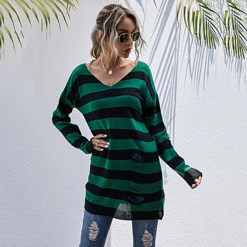 Pull en tricot surdimensionné pour femmes avec décolleté en V profond et motif à rayures tendance Levoire