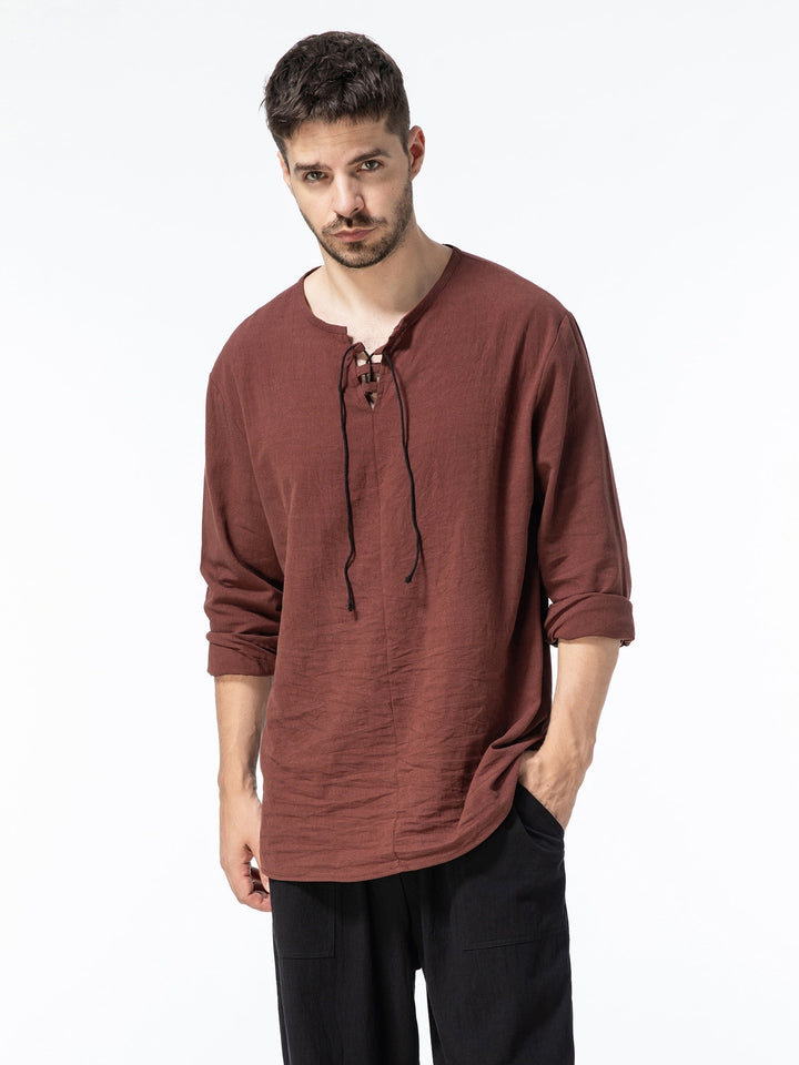 Levoire | T-Shirt Henley À Manches Longues En Mélange Coton-Lin Printemps/Automne Marron châtaigne