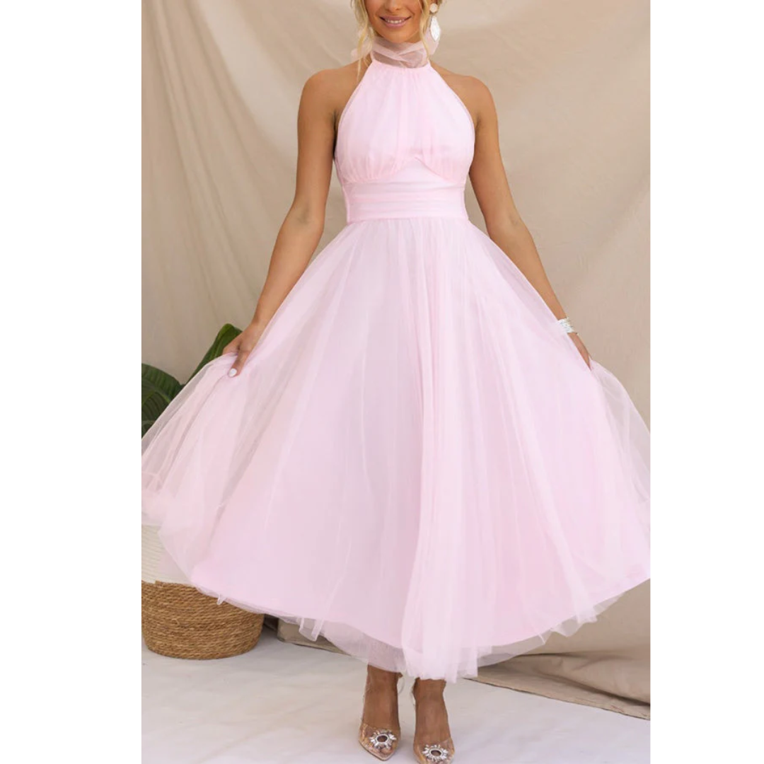 Levoire | Robe de demoiselle d'honneur midi avec dos ouvert pour femmes Rose