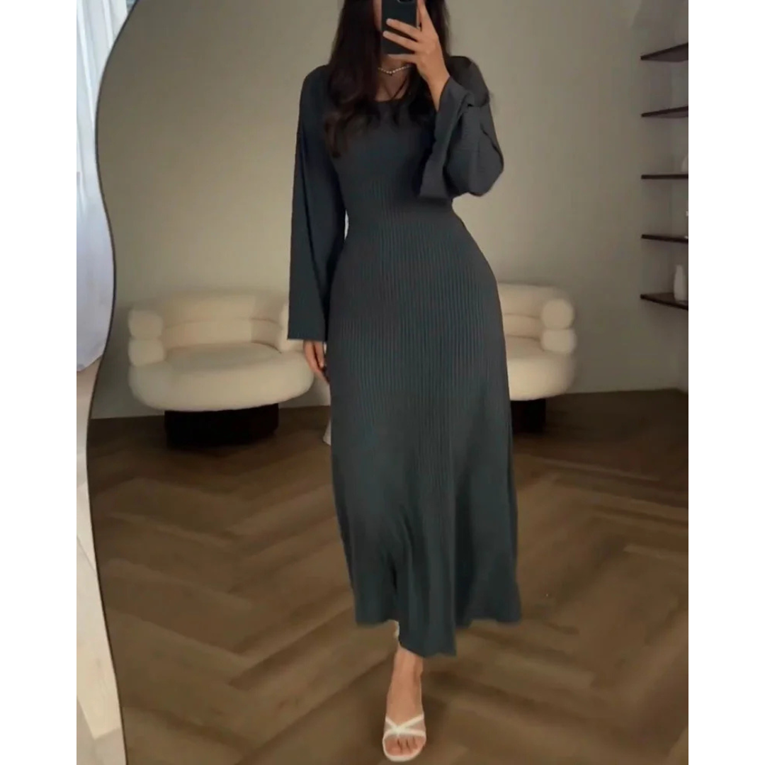 Levoire | Robe D'Invitée De Mariage Pour Femme À Manches Longues Et À Côtes - Maxi Gris