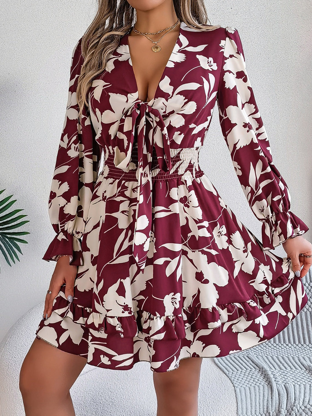 Levoire | Robe Longue À Volants Noués Bordeaux