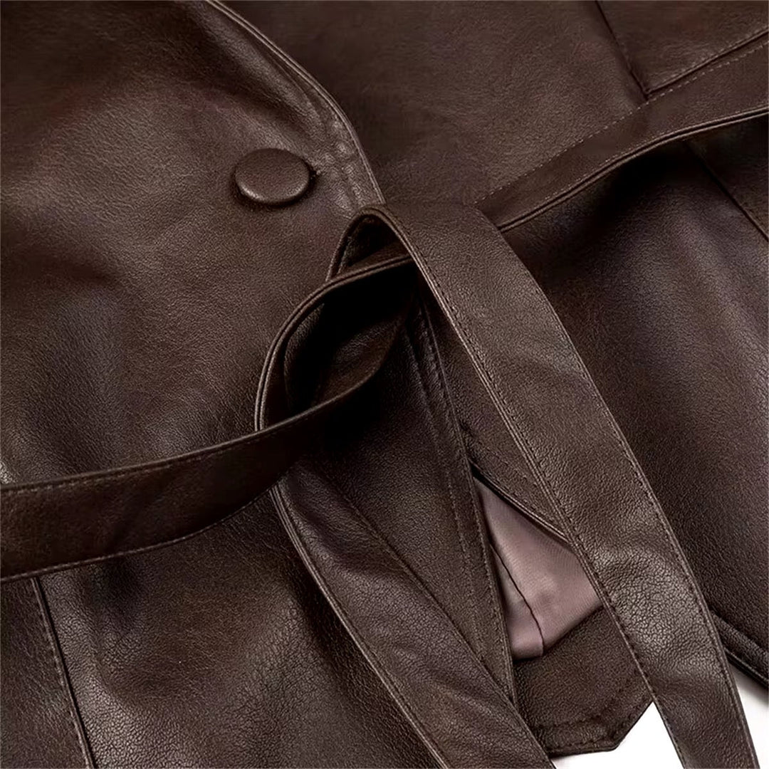 Levoire | Blouson En Cuir Marron Foncé Avec Détails À Lacets Et Ceinture À Nouer