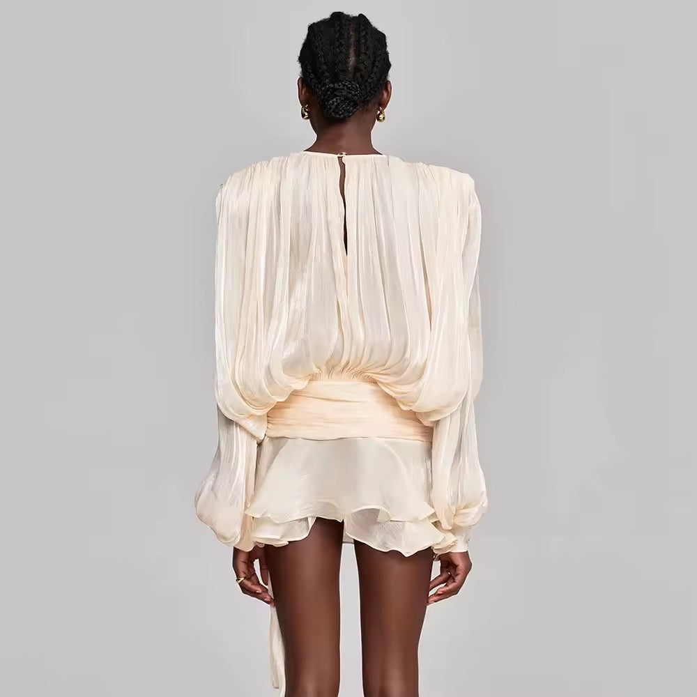 Levoire | Blouse Plissée Élégante Avec Ceinture Et Mini-Jupe À Volants