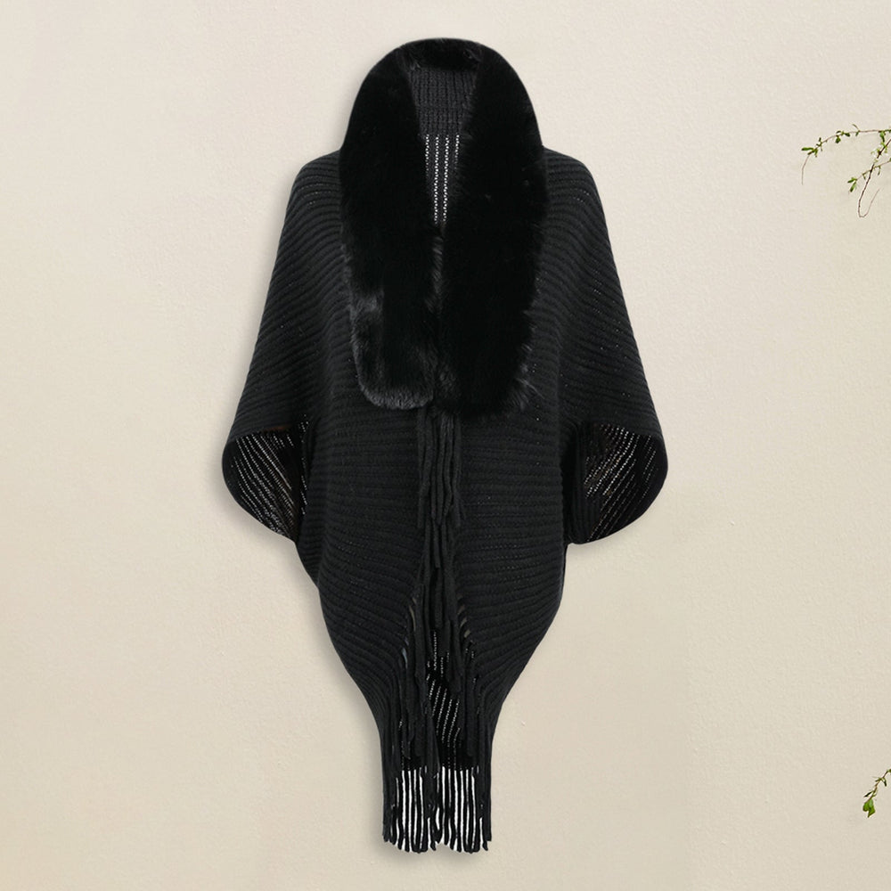 Levoire | Poncho Gilet Avec Fourrure Pour Femmes Noir Taille unique