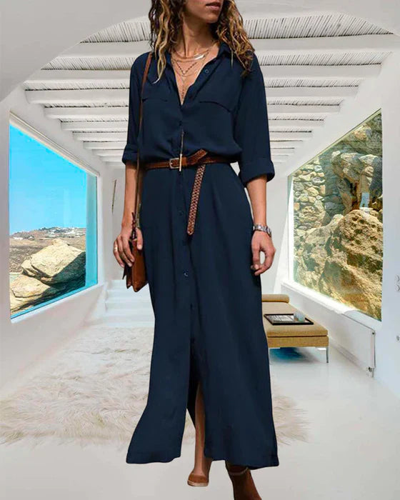 Levoire | Robe À Manches Longues Unie Avec Bouton Bleu foncé