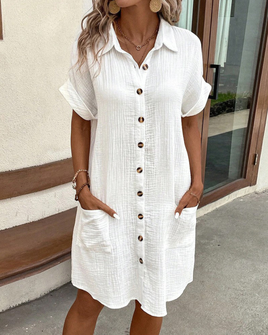 Levoire | Robe Chemise Décontractée Avec Boutons Et Poches Pour Femmes Blanc