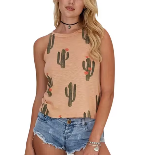 Levoire | T-Shirt Sans Manches Avec Impression De Cactus Beige