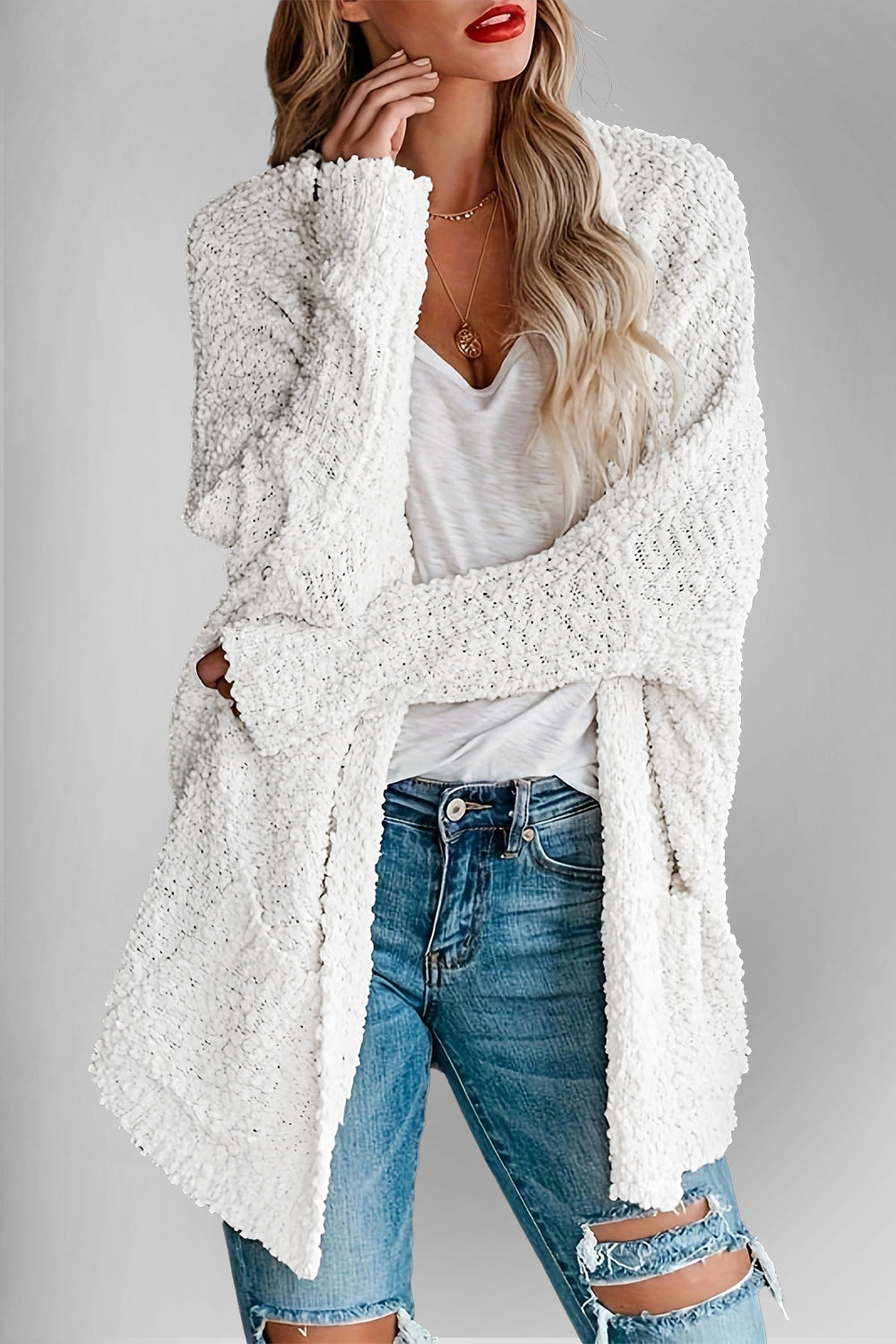 Levoire | Doppel Take Offene Front Long Manches Cardigan Avec Poches Blanc