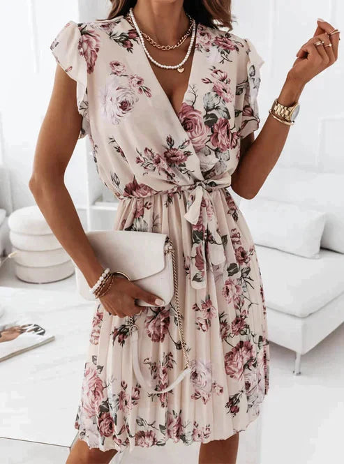 Levoire | Robe Avec Décolleté À Volants, Manches Et Motif Floral Beige
