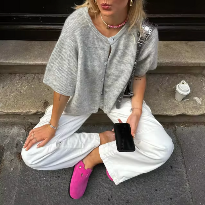 Levoire | Veste En Tricot Courte Avec Boutons Pour Femmes Gris clair