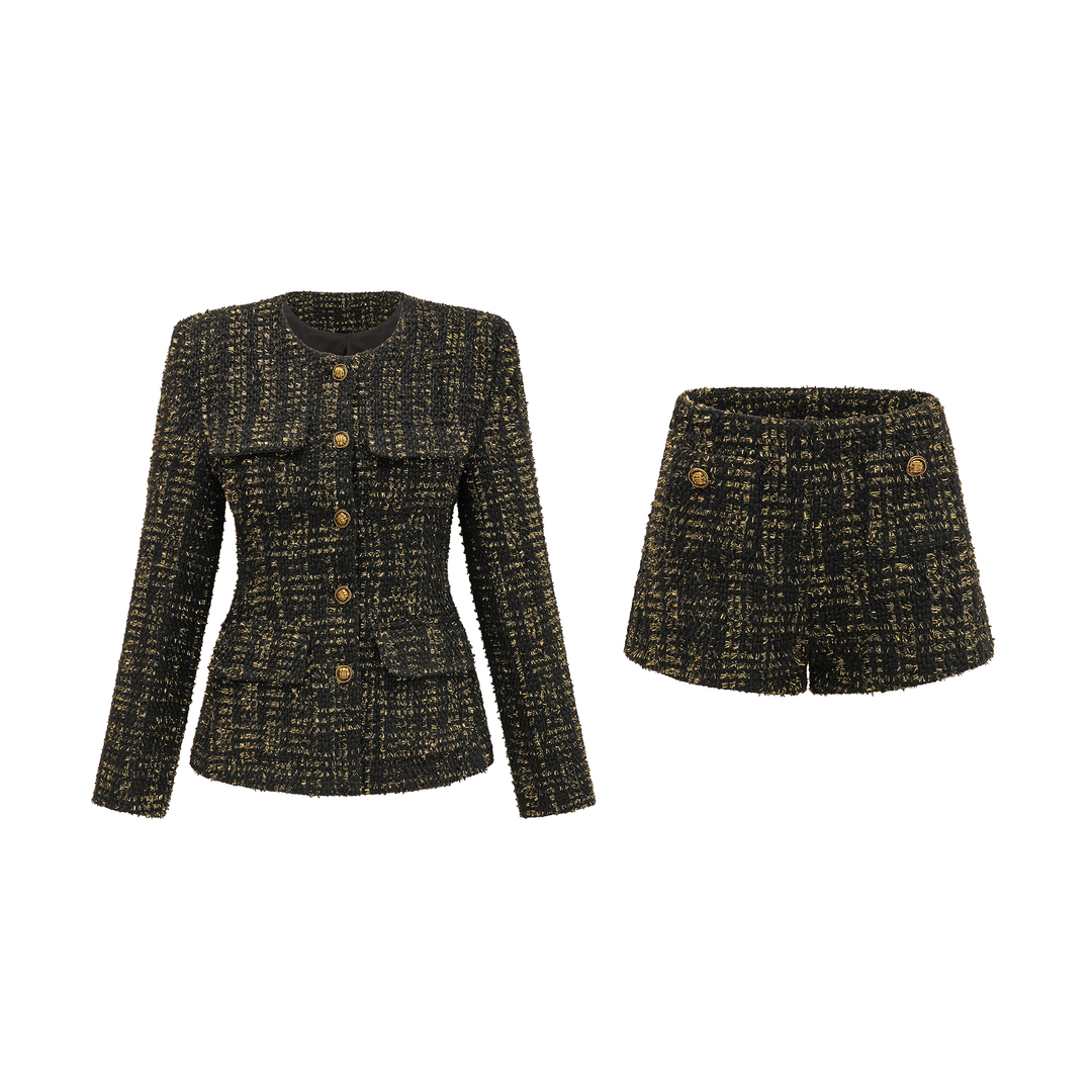Levoire | Veste En Tweed Métallique Noire Et Short Ensemble Assorti Noir Ensemble