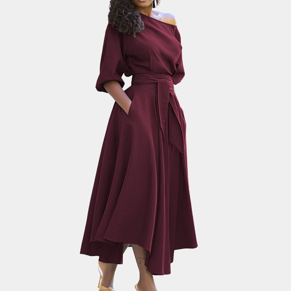 Levoire | Robe pour femmes asymétrique confortable avec ceinture à la taille Vin rouge