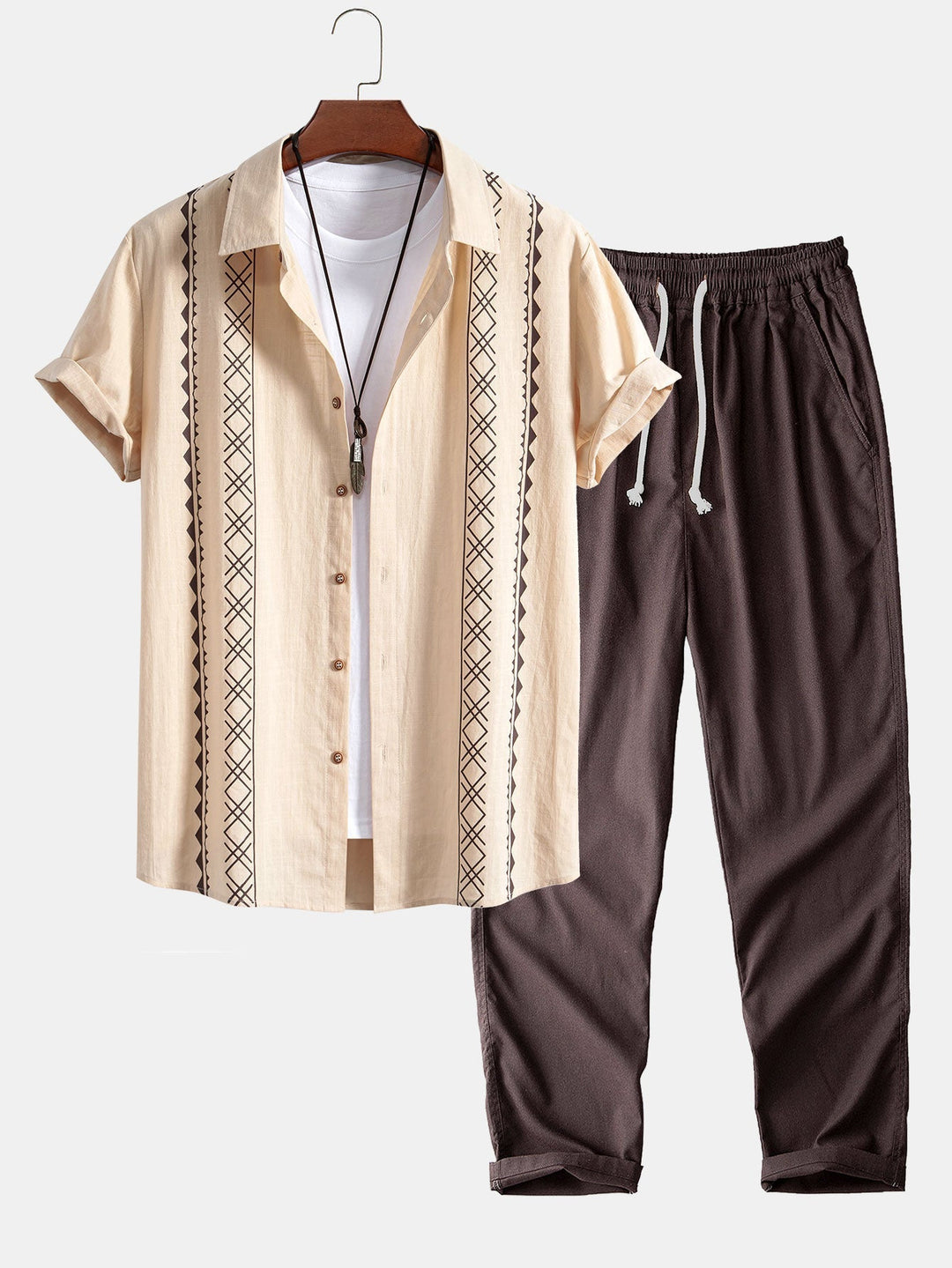 Levoire | T-Shirt Imprimé En Lin Couleur Pâle & Pantalons En Lin Coupe Droite beige