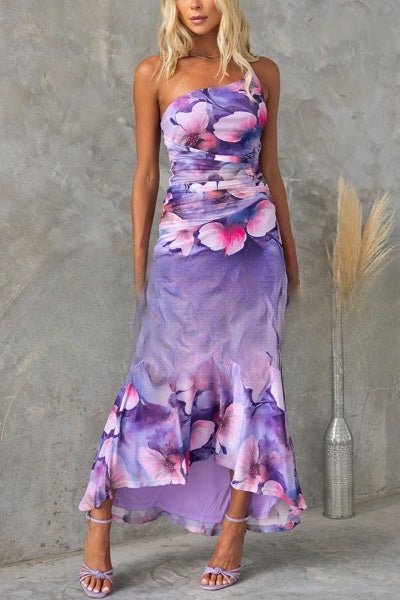 Levoire | Robe longue, extensible et plissée à imprimé floral avec superposition de maille Violet