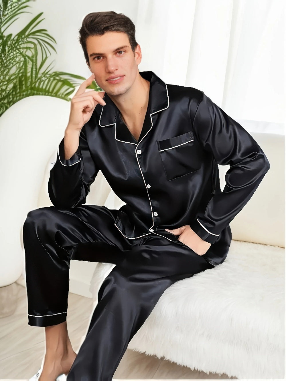 Levoire | Ensemble de pyjama pour hommes en satin de soie Pyjama confortable pour hommes Noir