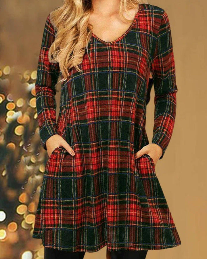 Levoire | Robe à manches longues à encolure en V à motif à carreaux Rot