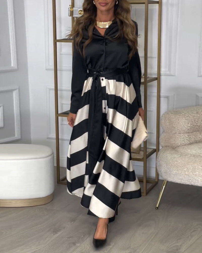 Levoire | Robe Élégante À Rayures Imprimées Avec Revers Et Ceinture