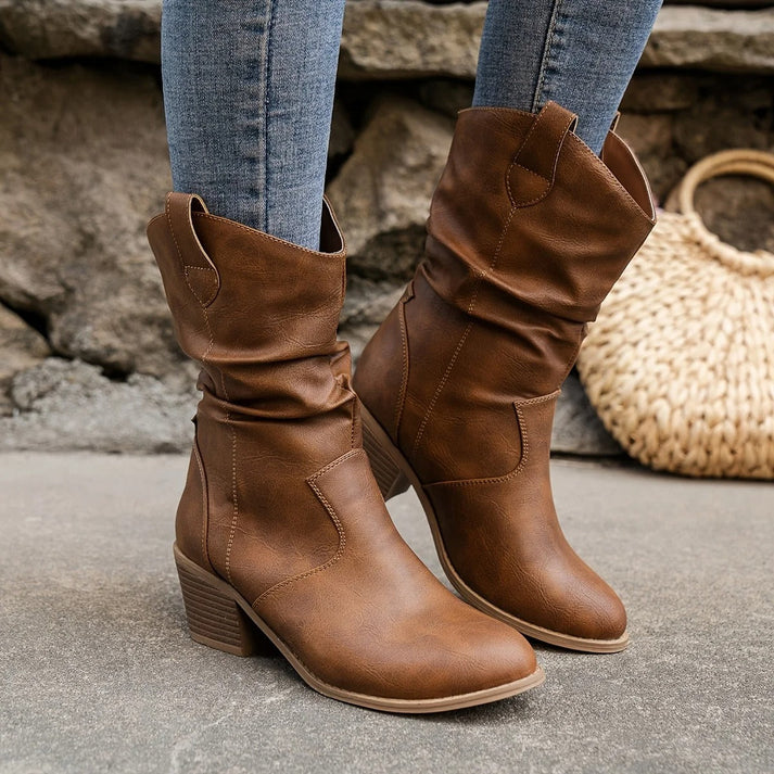 Levoire | Cuir Antidérapant Femmes Bottes De Cowboy À Talon Bas Braun